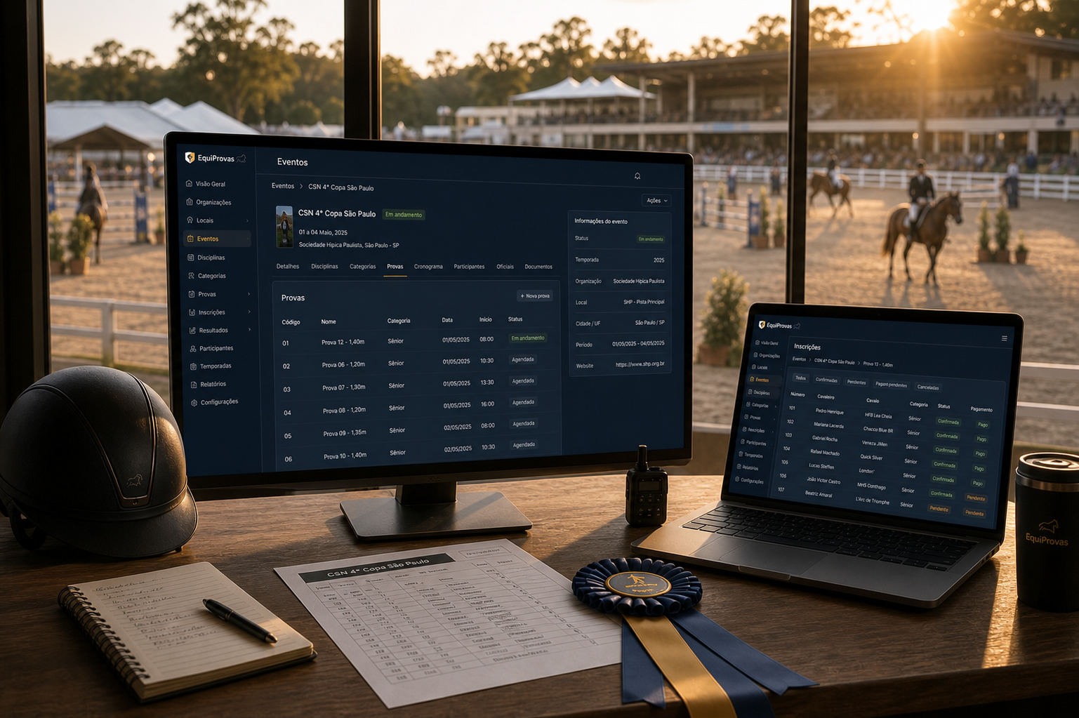 EquiProvas operational interface displayed on a monitor and laptop with an equestrian arena in the background