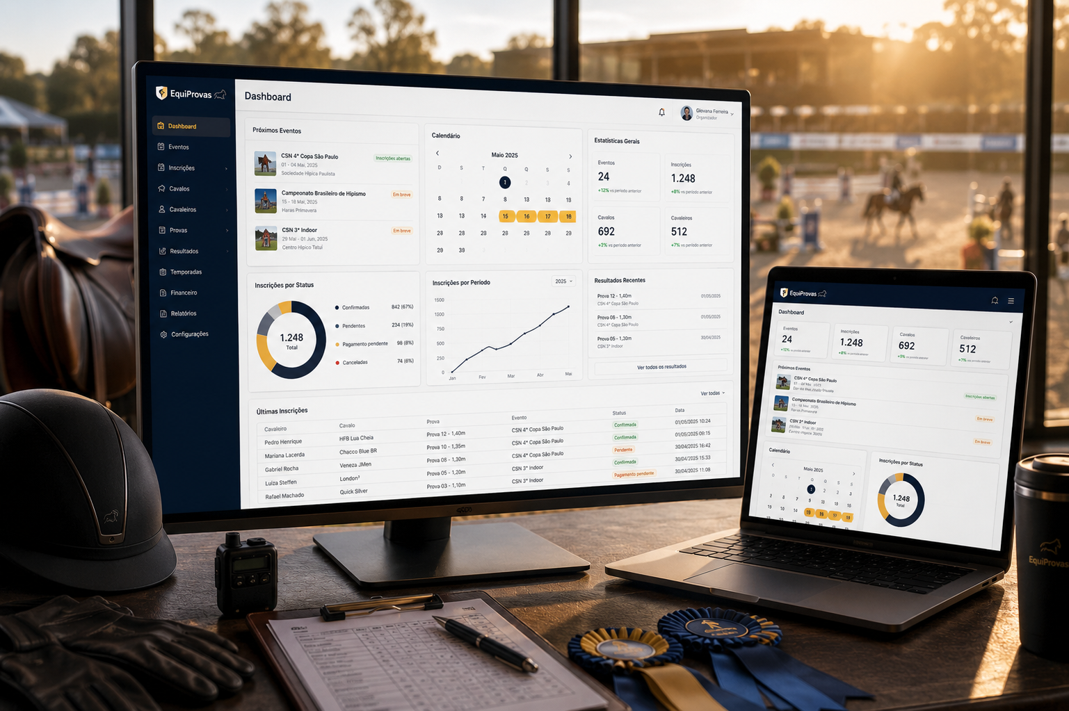 EquiProvas platform dashboard displayed on a monitor and laptop during an equestrian competition